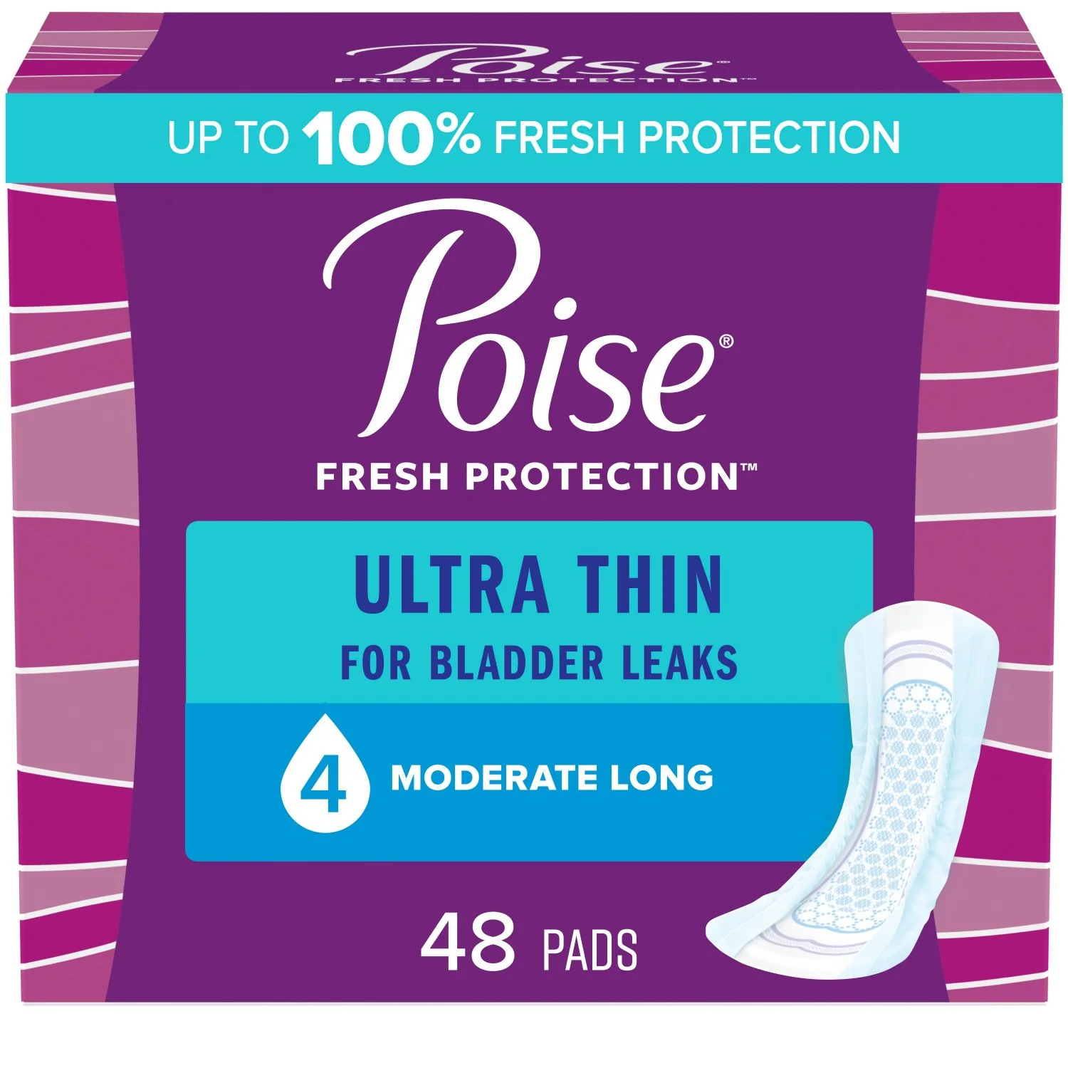 Poise Ultra Thin Incontinence Pads, Moderate Absorbency, Long Length, 48 Count