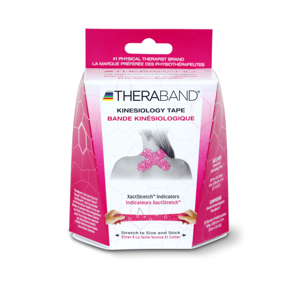 TheraBand Kinesiology Tape Precut Roll, 2" x 10" strips, Pink / White